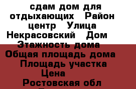 сдам дом для отдыхающих › Район ­ центр › Улица ­ Некрасовский › Дом ­ 20 › Этажность дома ­ 1 › Общая площадь дома ­ 30 › Площадь участка ­ 200 › Цена ­ 1 200 - Ростовская обл., Таганрог г. Недвижимость » Дома, коттеджи, дачи аренда   